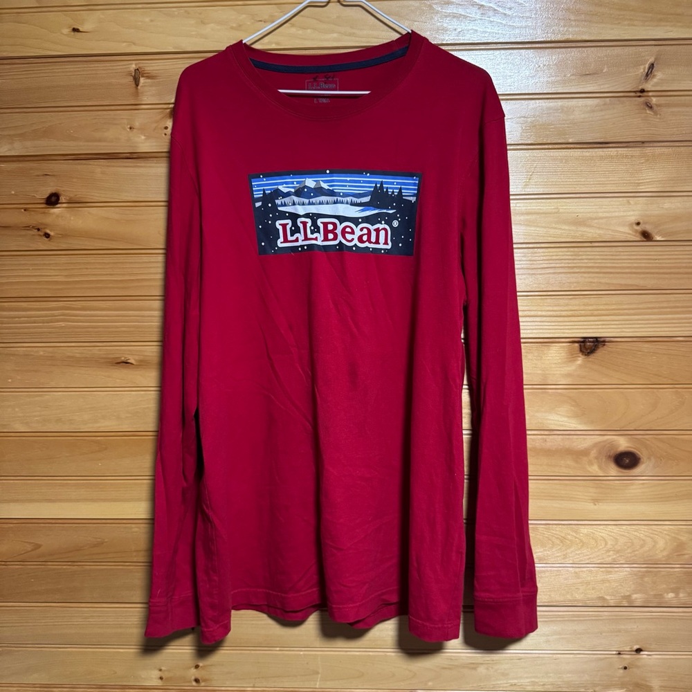 L.L. Bean Red Winter Mountain Snow Scene Crew Neck Long Sleeve Shirt Large Tall